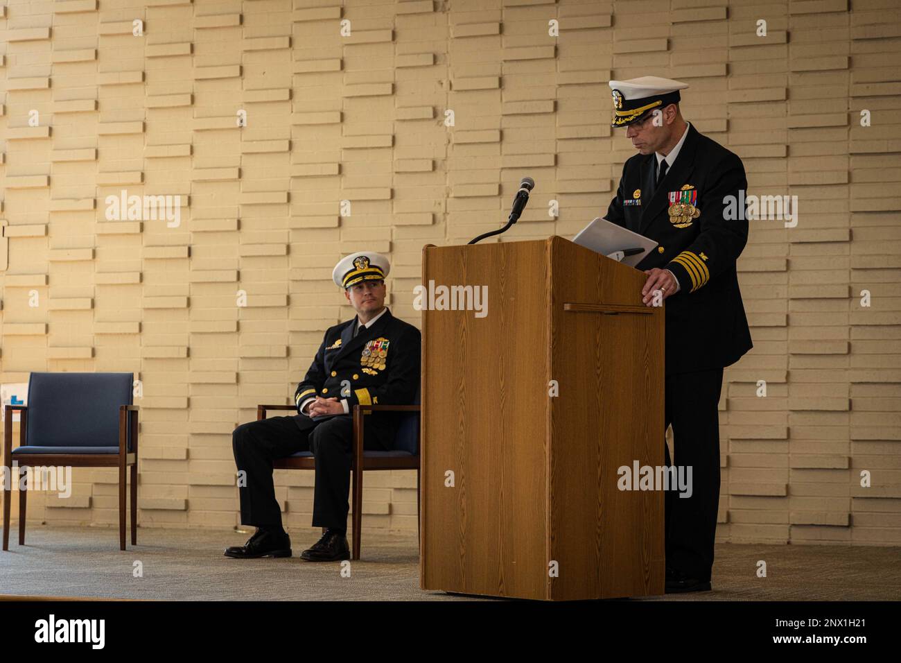 Capt. Andrew Duessel, Commodore, Fourth Navy Expeditionary Logistics Regiment (NELR), speaks during the decommissioning ceremony of 4th NELR at Naval Station Mayport, Florida, Jan. 20, 2023. Fourth NELR provided many capabilities, including conducting maritime preposition force and joint logistics over-the-shore operations and supporting logistics operations for foreign humanitarian assistance and civil support across the world. Stock Photo