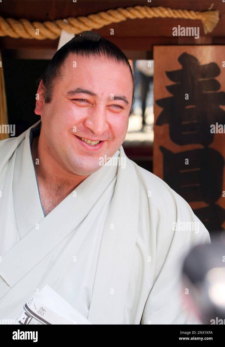Ozeki Tochinoshin speaks to media in Kasugai, Aichi Prefecture