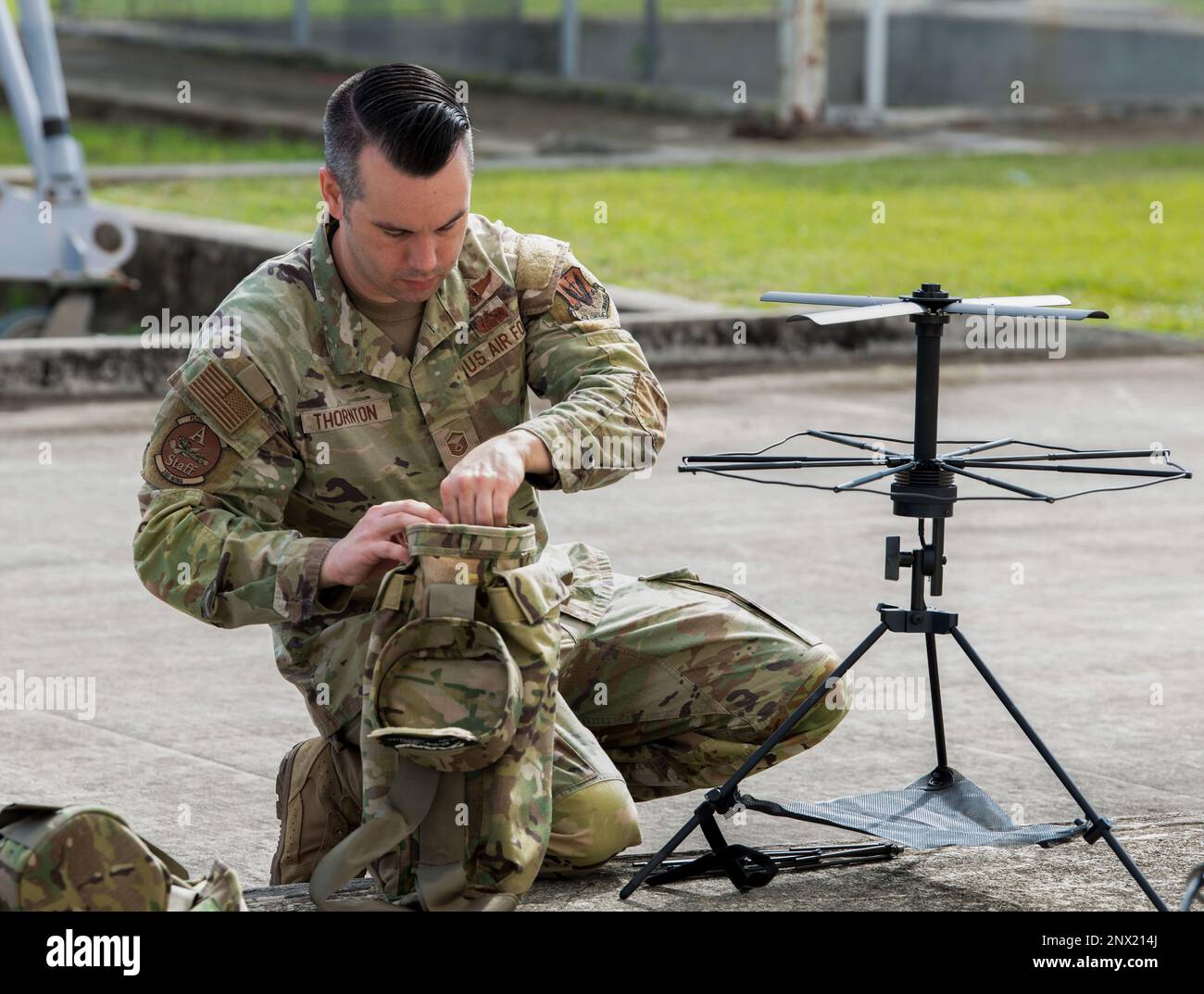 U.S. Air Force Master Sgt. Justin Thornton,  Communications Squadron satellite communications operator, assembles communication equipment during Exercise Forward Tiger at Muniz Air National Guard Base, Puerto Rico, Feb. 14, 2023. Forward Tiger provides joint training and improves readiness of U.S. and partner nation military personnel through interoperability training. Stock Photo