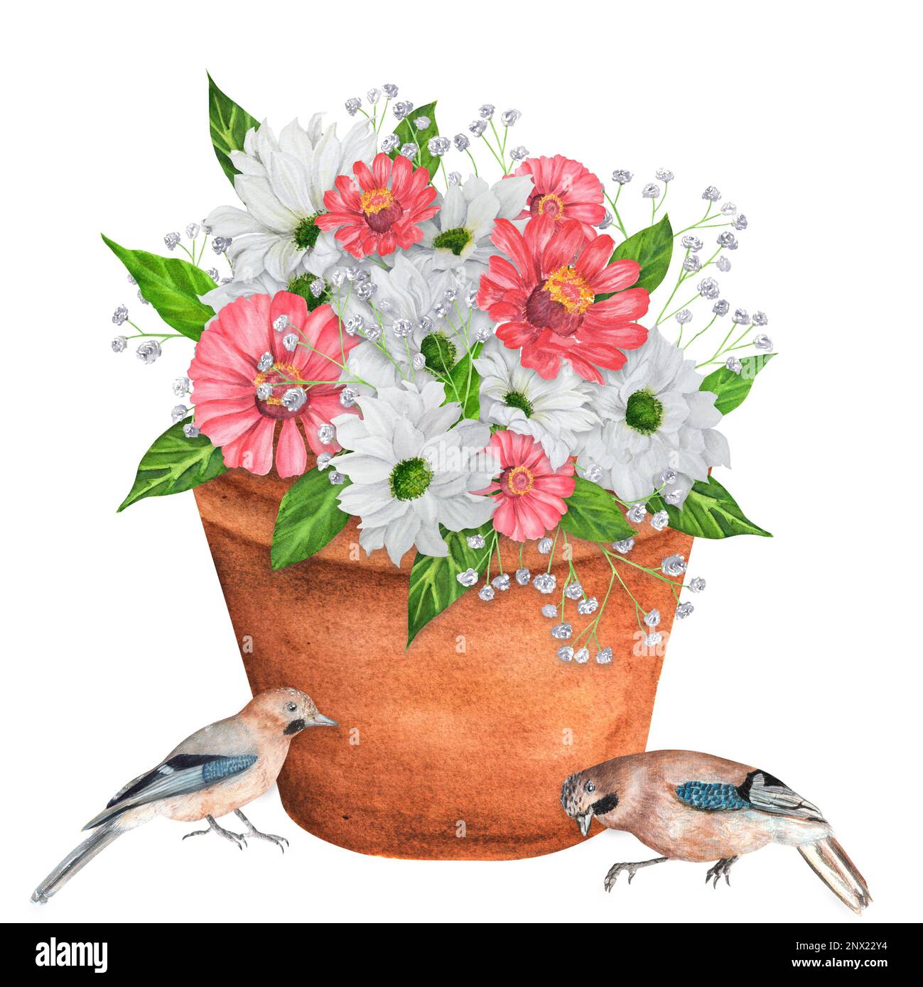 Hand-drawn watercolor garden pot with flowers and birds. A small part of the big set BIRDS GARDEN Stock Photo