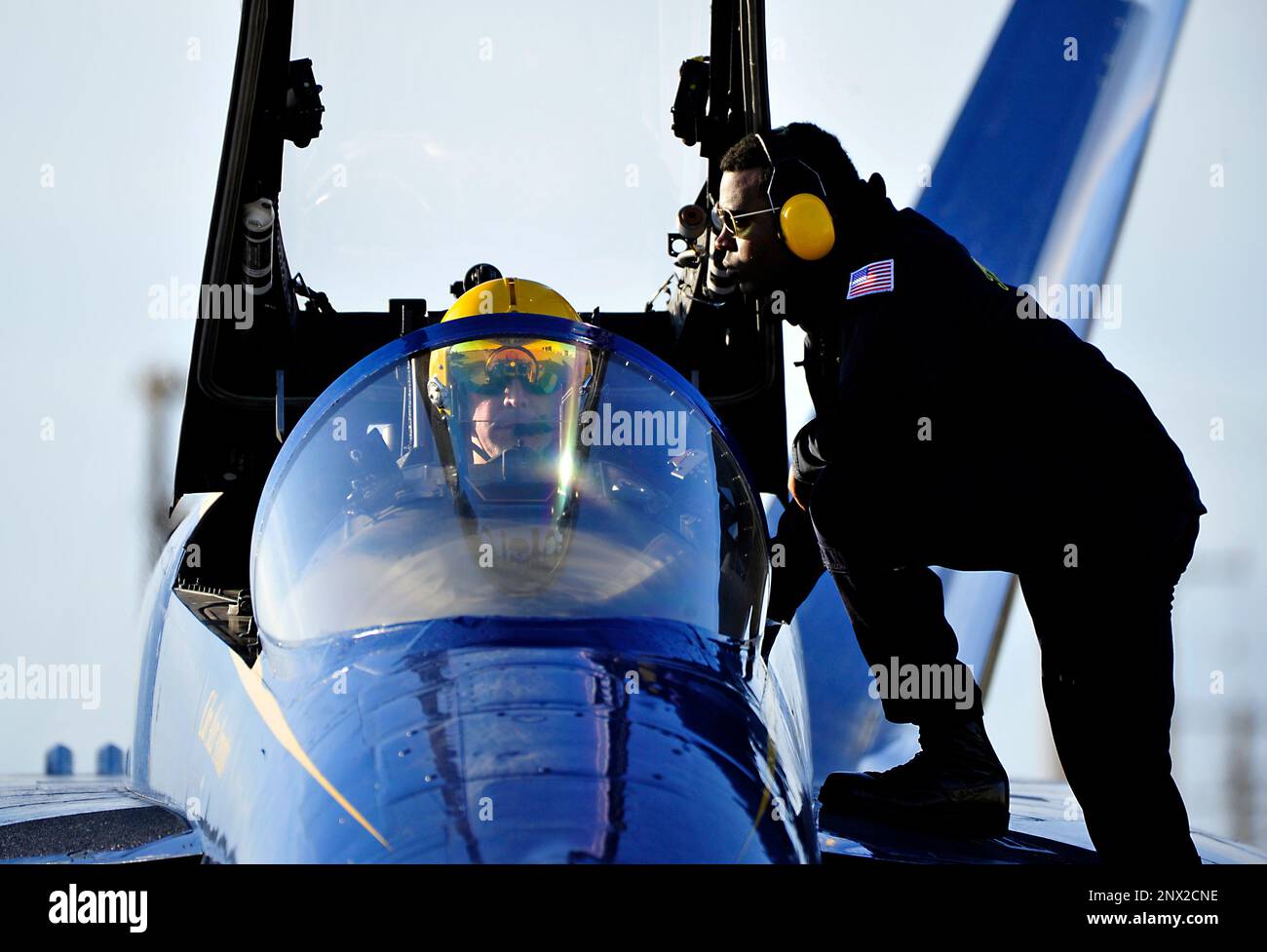 230118-N-KB563-1265 EL CENTRO, Calif. (Jan. 18, 2023) Cmdr. Alex Armatas, commanding officer and flight leader of the U.S. Navy Flight Demonstration Squadron, the Blue Angels, prepares for takeoff prior to a training flight over Naval Air Facility (NAF) El Centro. The Blue Angels are currently conducting winter training at NAF El Centro, California, in preparation for the upcoming 2023 air show season. Stock Photo