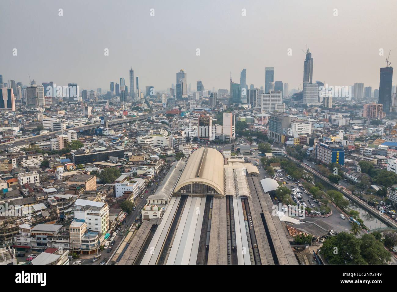 Drone photograph of Hualamphong Train Station in Bangkok. Stock Photo