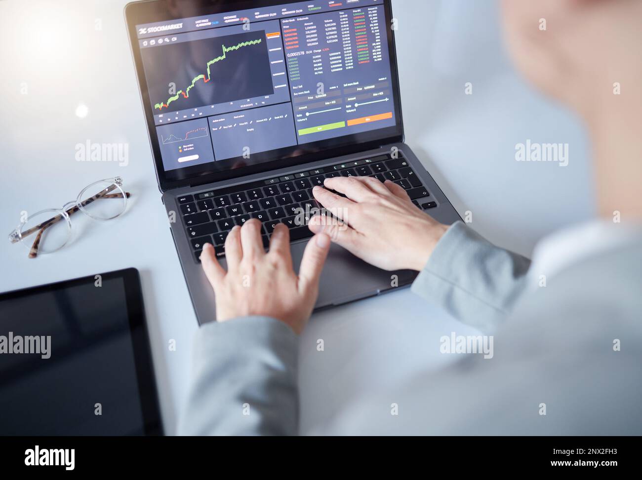 Hands, laptop and trading in cryptocurrency, bitcoin or blockchain  monitoring, chart or profit of investment. Hand of trader, investor or  broker with Stock Photo - Alamy