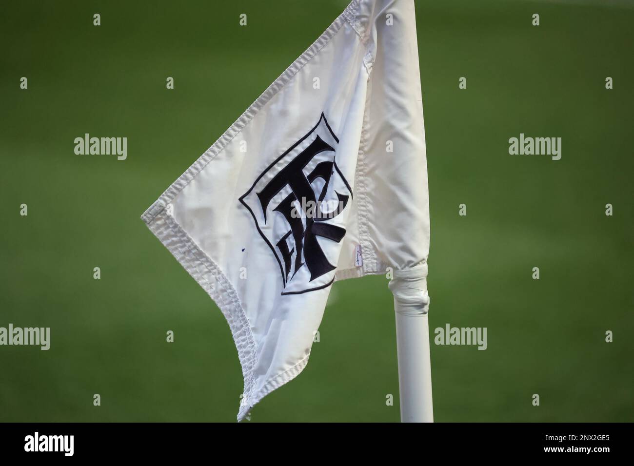 Tranmere, UK 28th February 2023 :  The corner flag at Prenton Park before the ELF League Two match between Tranmere Rovers & Crawley Town at Prenton Park in Tranmere. Credit: James Boardman/Alamy Live News Stock Photo