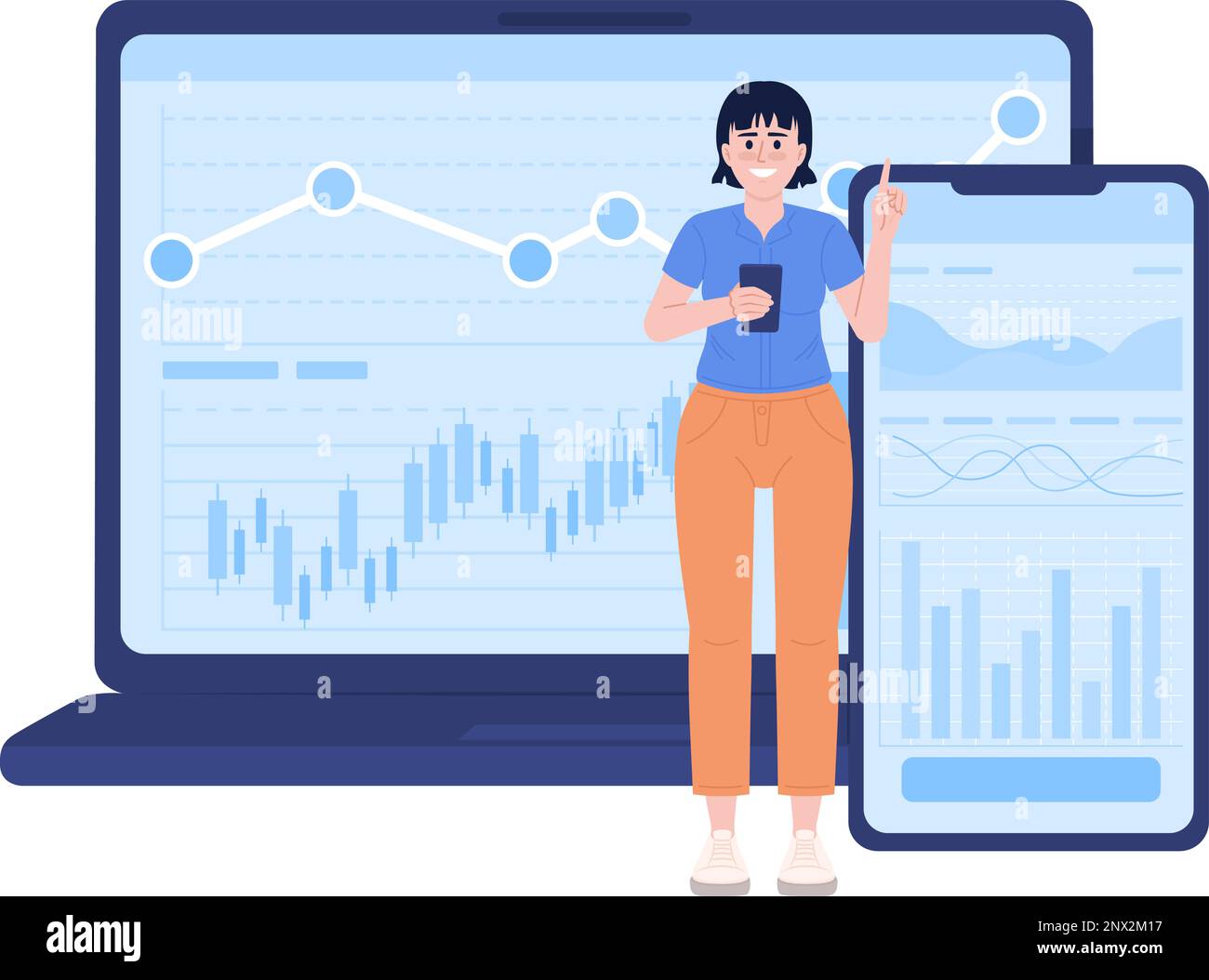 Online trader using laptop, smartphone app for investment flat concept vector spot illustration Stock Vector