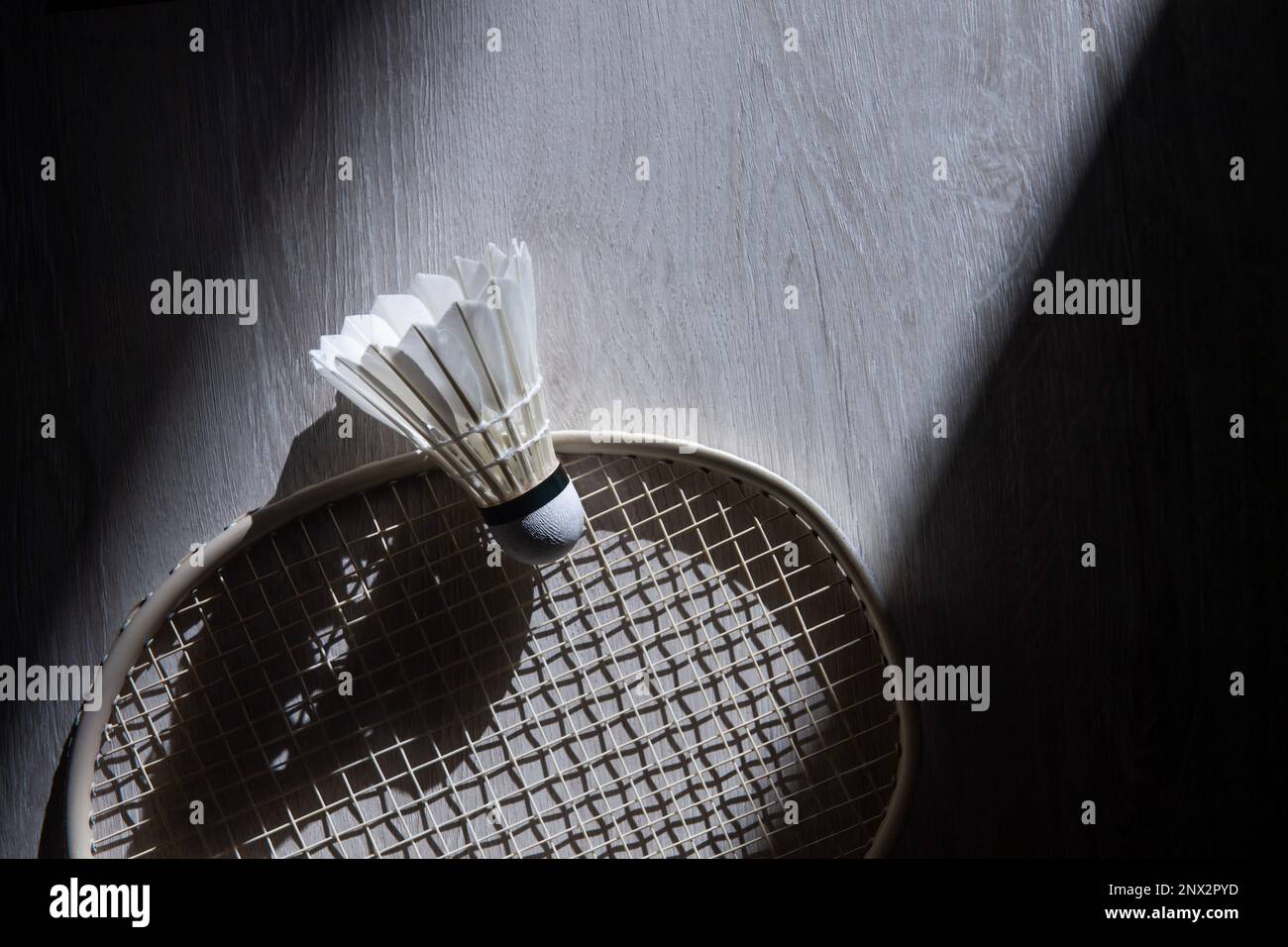 Badminton racket and shuttlecock on grey background. Horizontal sport ...