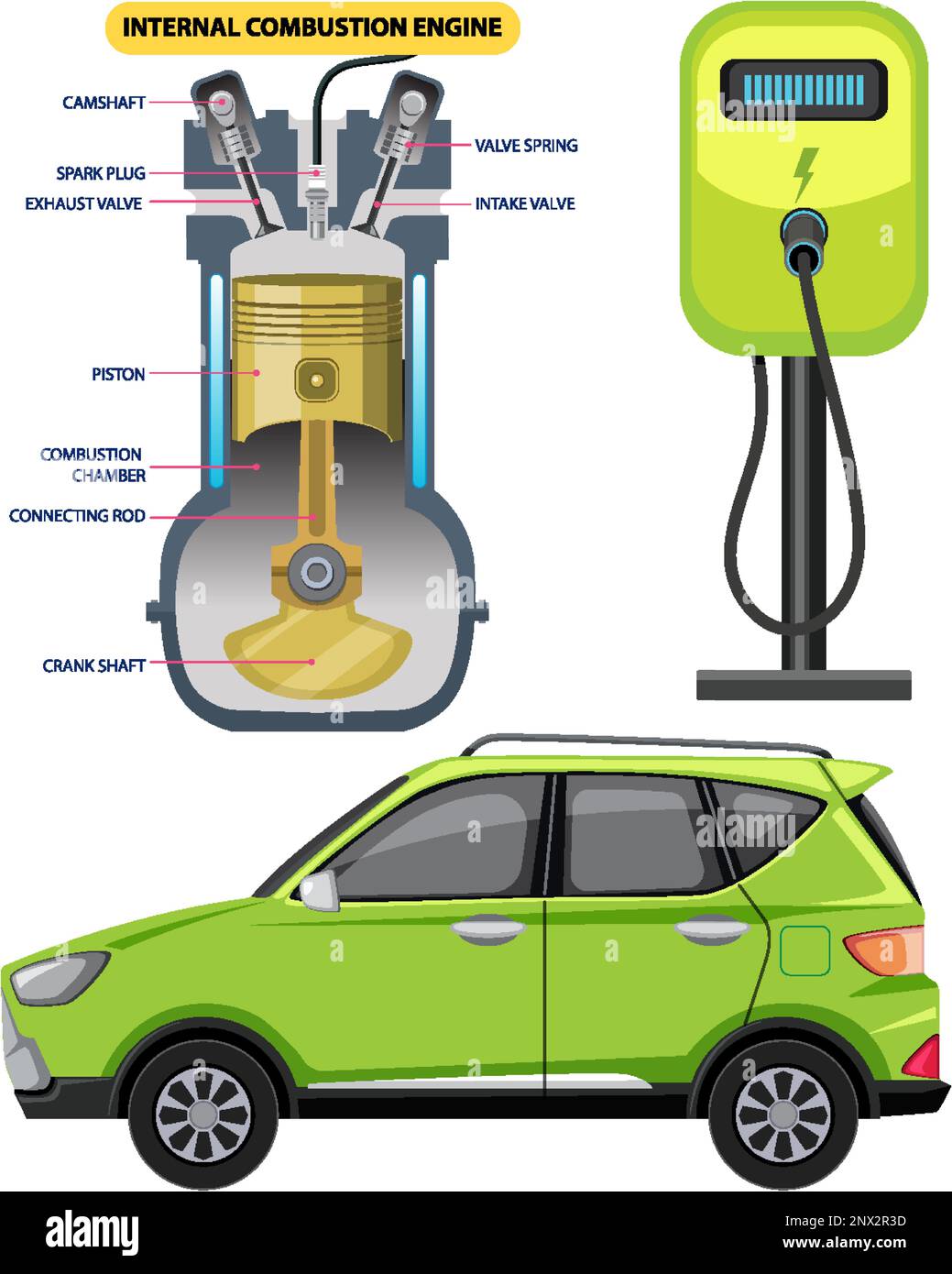 Internal combustion engine with electric car illustration Stock Vector