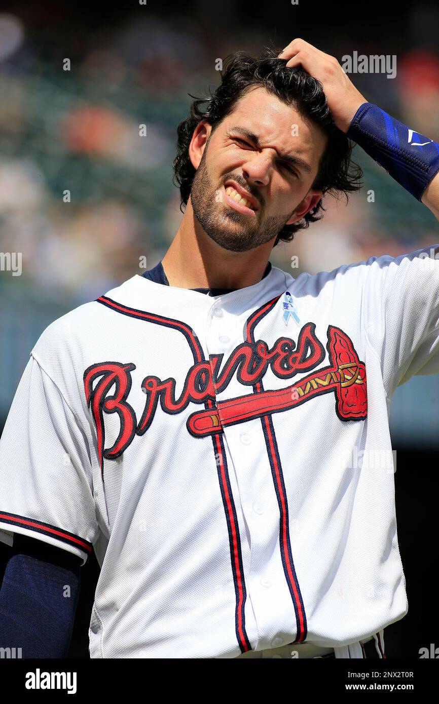 ATLANTA, GA - JUNE 17: Atlanta Braves Shortstop Dansby Swanson (7) looks on  during the Father's Day MLB game between the Atlanta Braves and the San  Diego Padres on June 17, 2018,