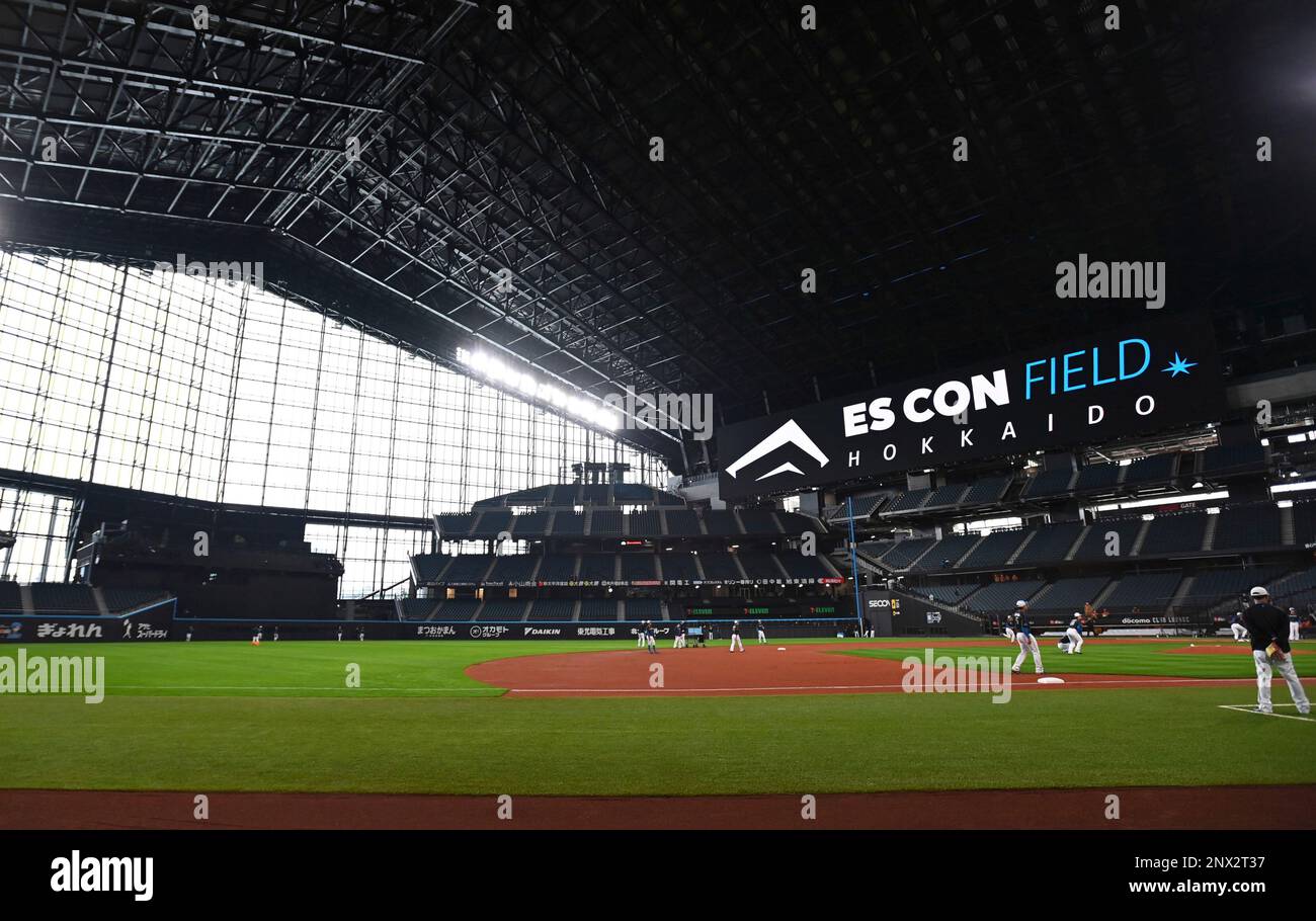 Players of Nippon Ham Fighters practice for the first time at ES CON Field Hokkaido in Kitahiroshima City, Hokkaido Prefecture on March 1, 2023