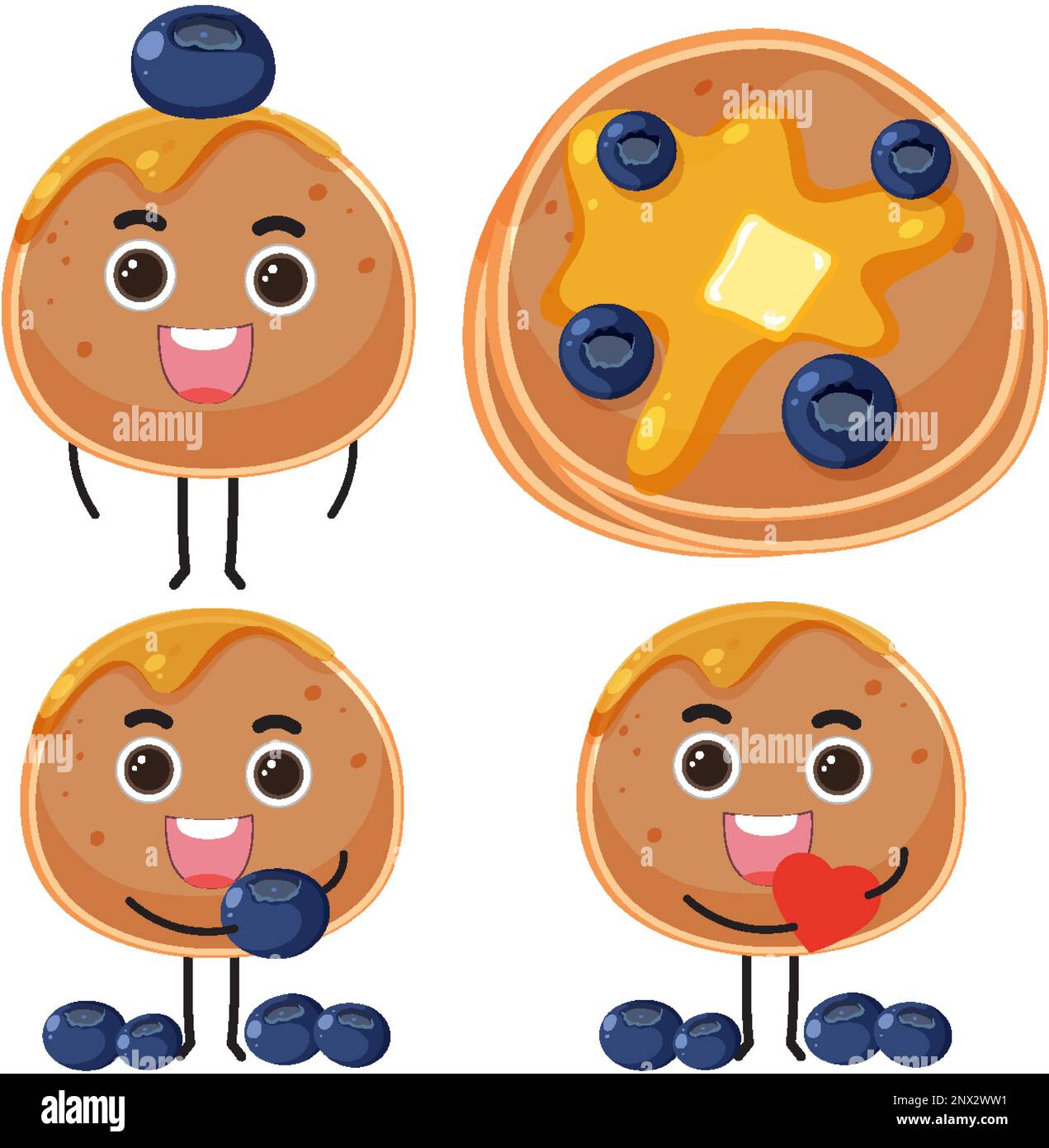 Blueberry pancake elements set illustration Stock Vector