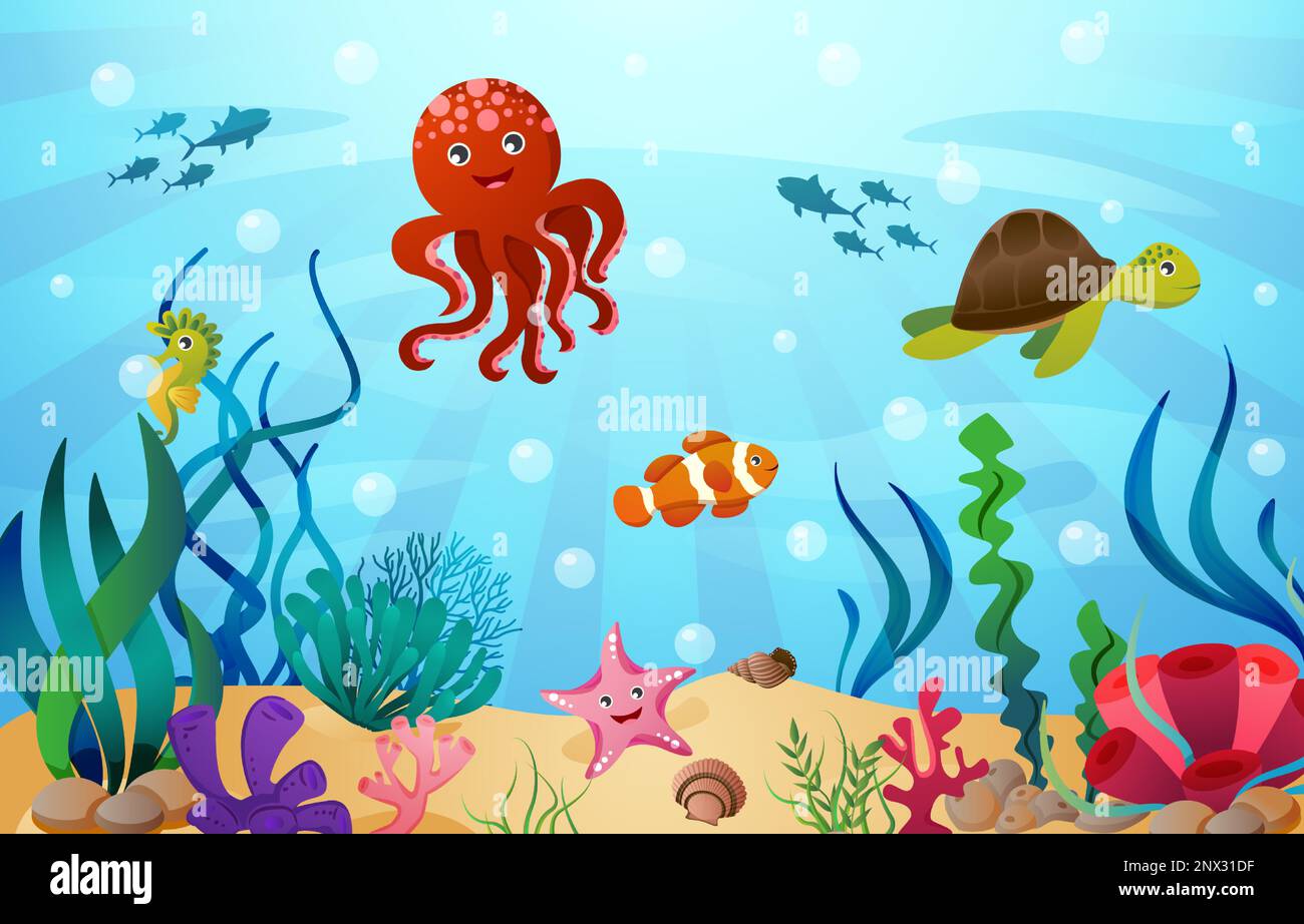 Sea life animals with ocean scene . Cartoon style . Vector . Stock Vector