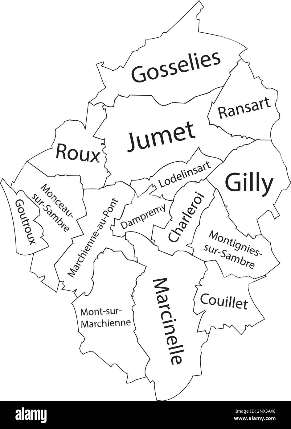White tagged municipalities map of CHARLEROI, BELGIUM Stock Vector