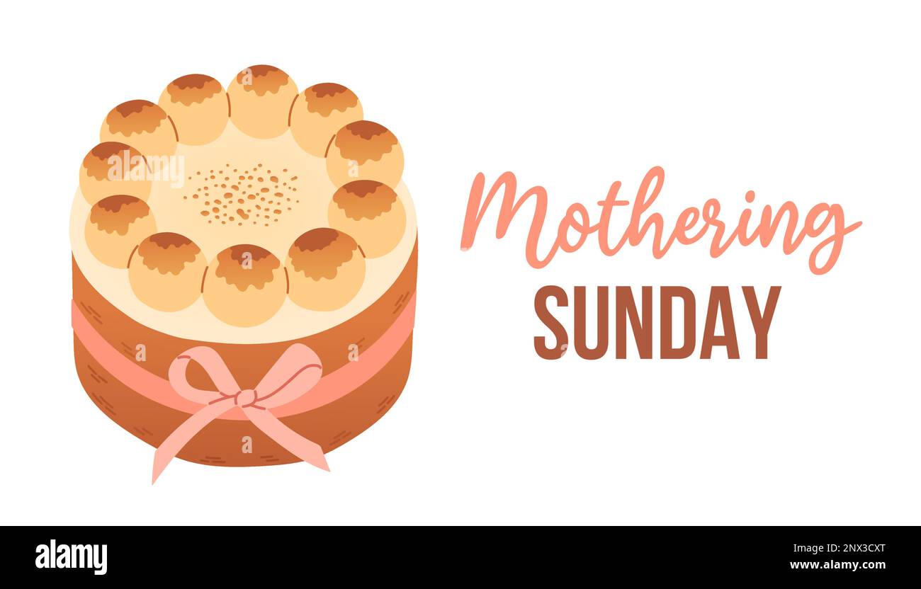 Mothering Sunday banner with simnel cake on white. Mothering Sunday greeting card template with text vector Stock Vector