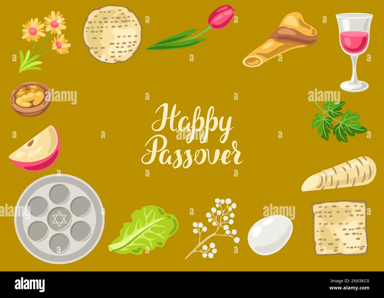 Happy Pesach Jewish Passover plate decorative frame. Holiday background