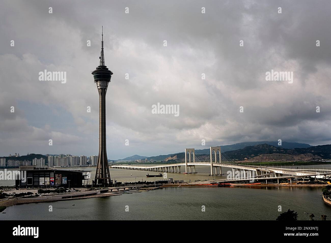 Macau Tower and Sai Van bridge that links Macau to Taipa island,Macau,China Stock Photo