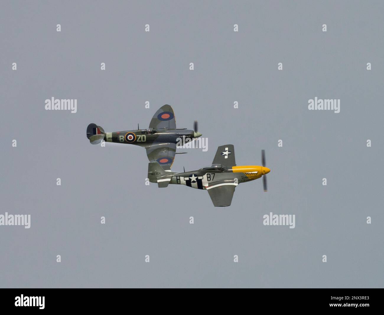 Spitfire & P51 Mustang flying display at Goodwood Revival 2015 Stock Photo