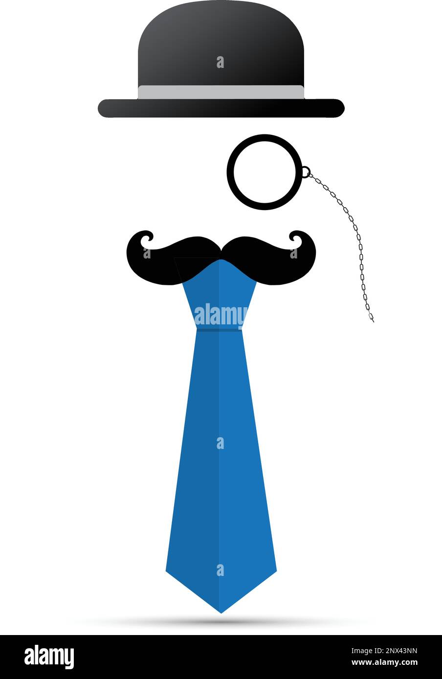 Black mustache, monocle, hat and blue tie on white background Stock Vector
