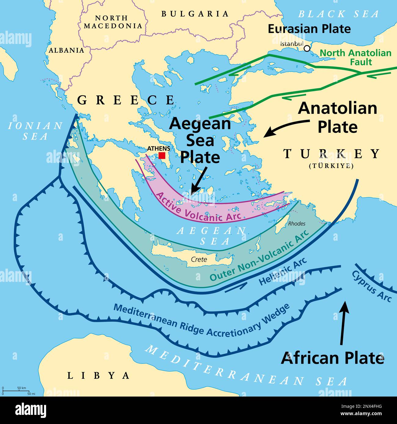Aegean Sea Plate and Hellenic Arc - Aegean Sea Plate And Hellenic Arc Tectonic Map Also Called The Aegean Or Hellenic Plate Is A Small Tectonic Plate 2NX4FHG 