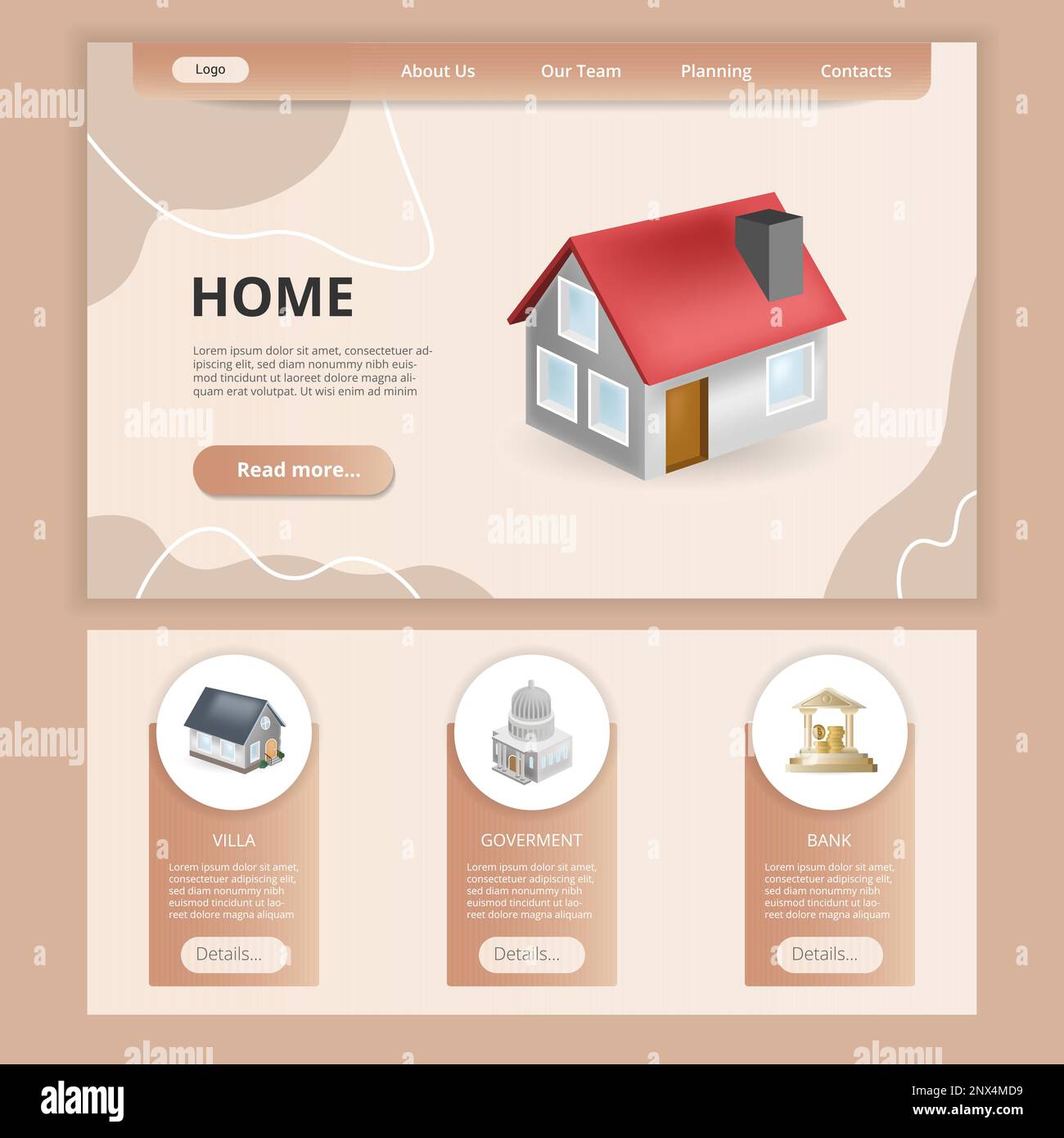 Home flat landing page website template. Villa, government, bank. Web banner with header, content and footer. Vector illustration. Stock Vector