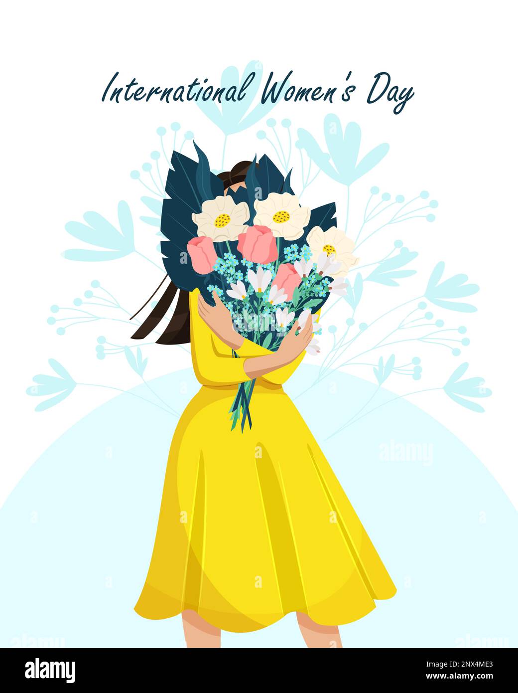 Young woman is holding a beautiful bouquet of flowers. International Women s Day. Vector illustration Stock Vector
