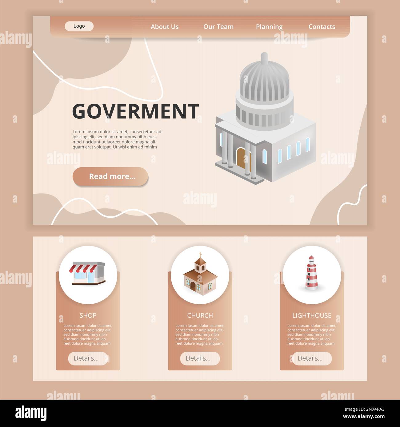 Government flat landing page website template. Shop, church, lighthouse