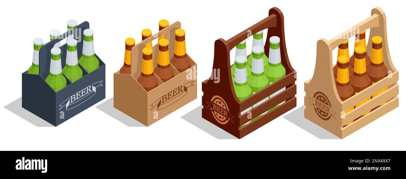 Isometric beer crate with bottles on white. Wooden crate with beer bottles. Pack of beer icon. Stock Vector