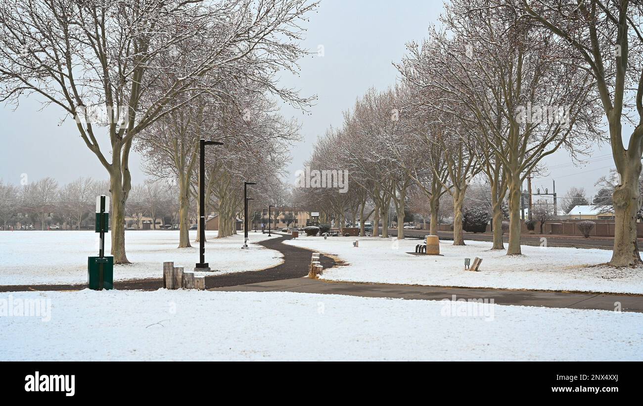 Hardin Field is covered in snow at Kirtland Air Force Base, New Mexico