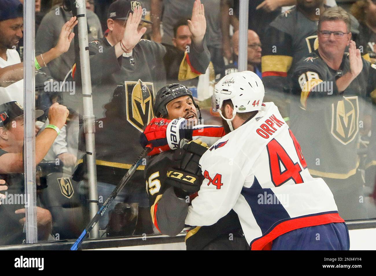 Vegas Golden Knights right wing Ryan Reaves (75) gets help with
