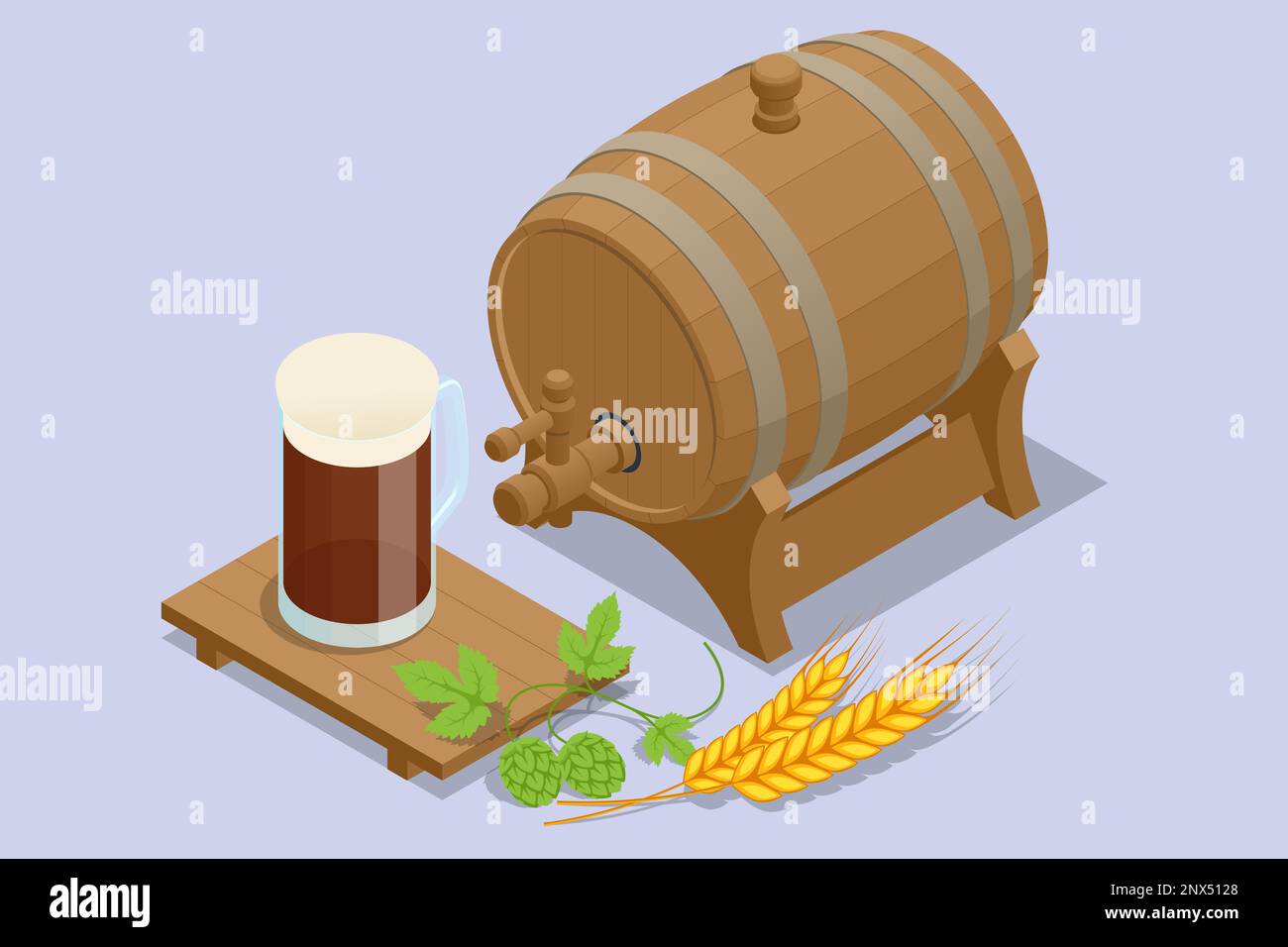 Isometric mug of beer, wheat ears, green hops and beer barrel. Oktoberfest beer barrel, Brewery