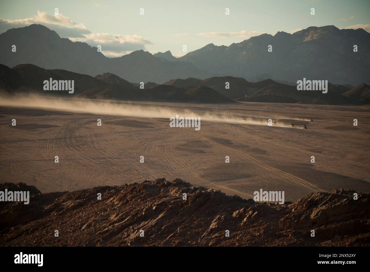 Dust trail following quad sand buggy in Eastern Desert, Egypt Stock Photo