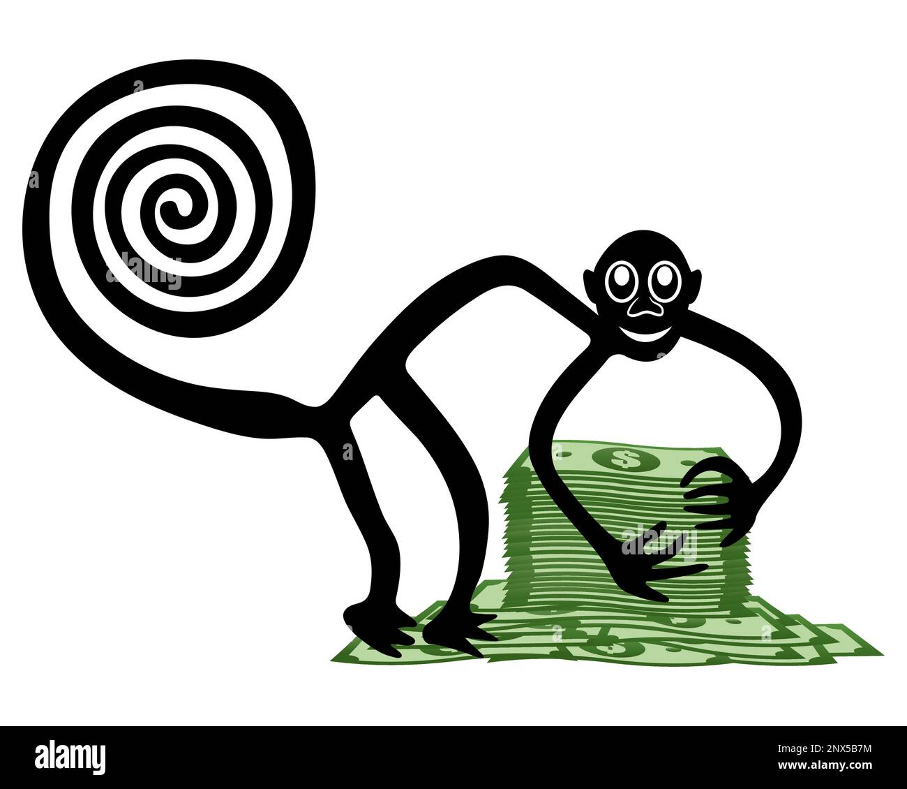 Monkey with a pile of money - a paraphrase of the famous geoglyph The Monkey from Nazca, Nazca desert, Peru, South America Stock Vector