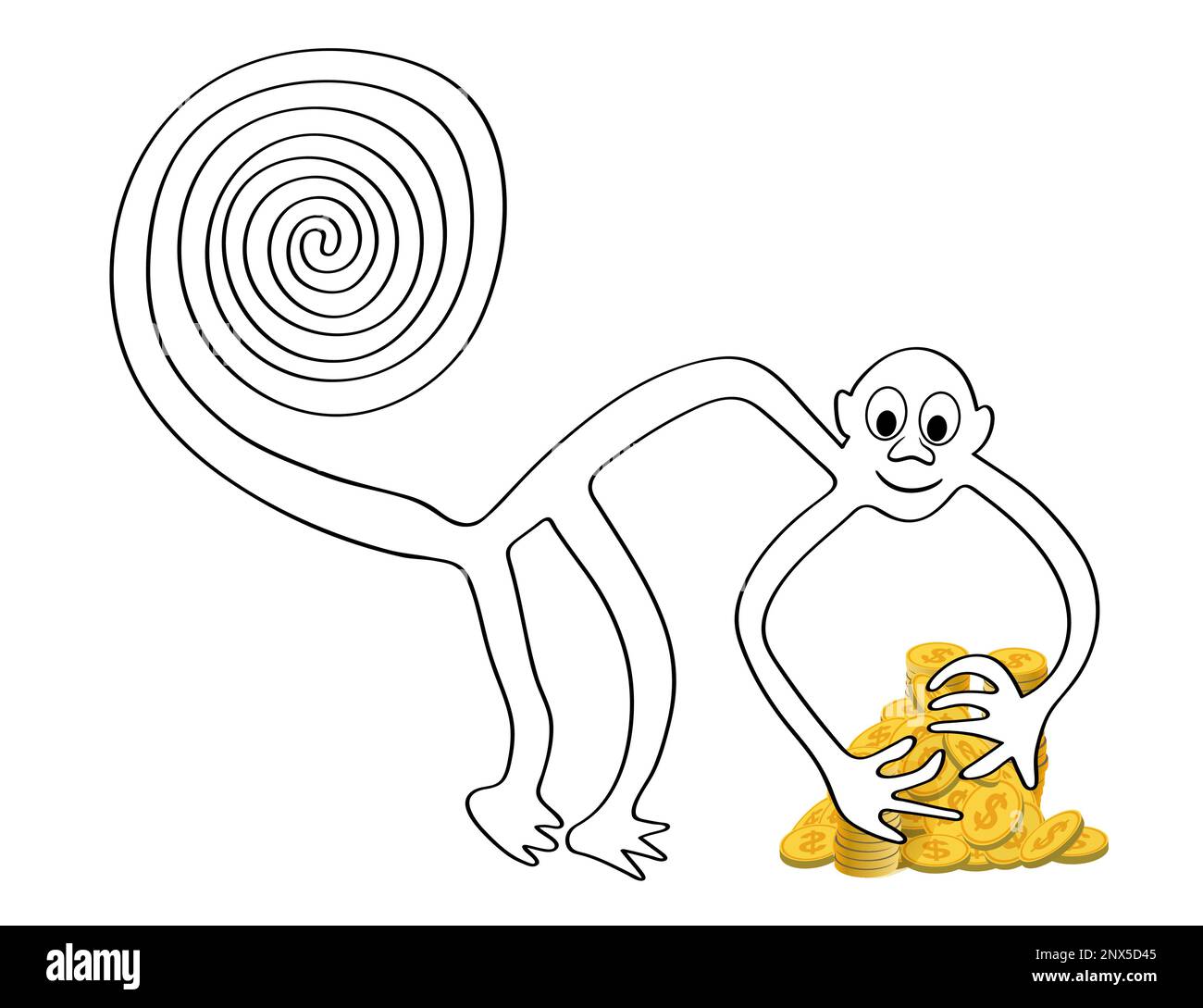 Monkey with a pile of golden coins - a paraphrase of the famous geoglyph The Monkey from Nazca, Nazca desert, Peru Stock Vector