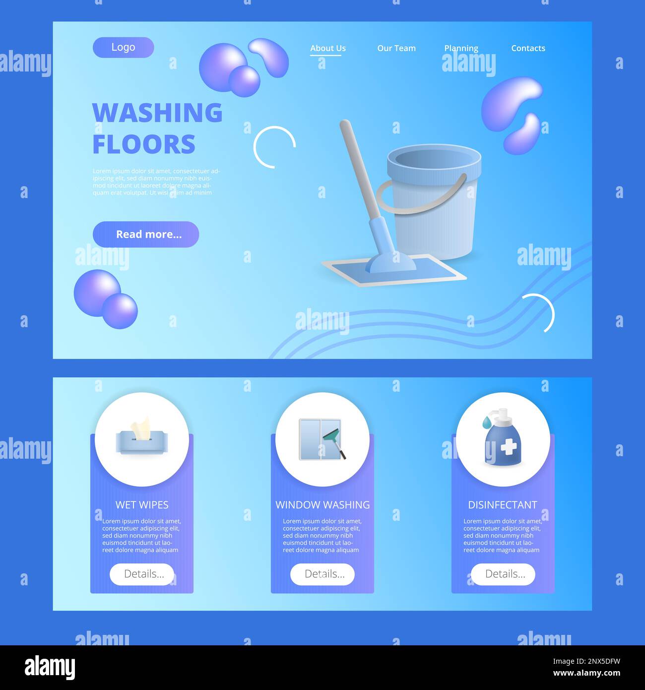 Washing floors flat landing page website template. Wet wipes, window