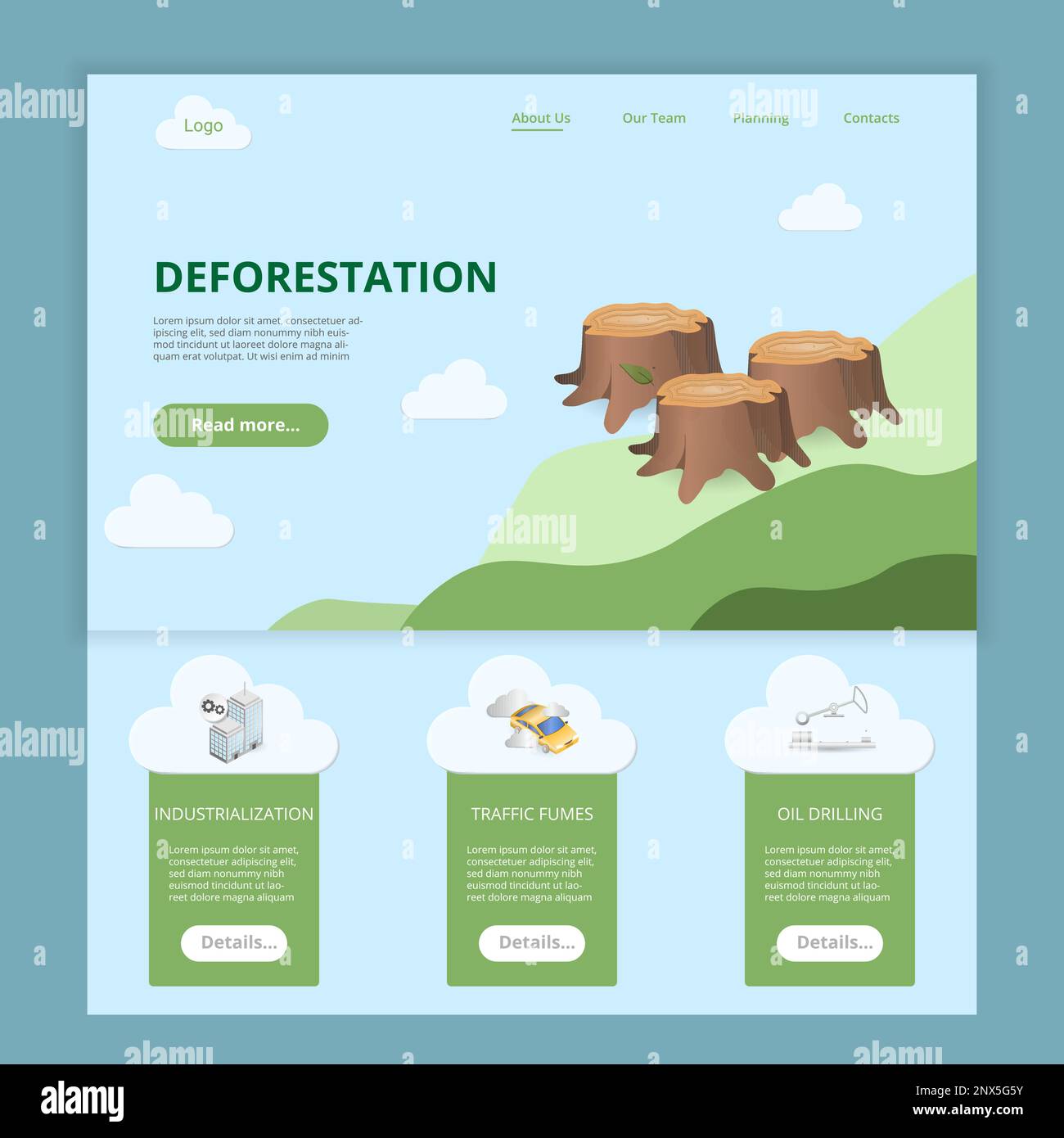 Deforestation flat landing page website template. Industrialization ...