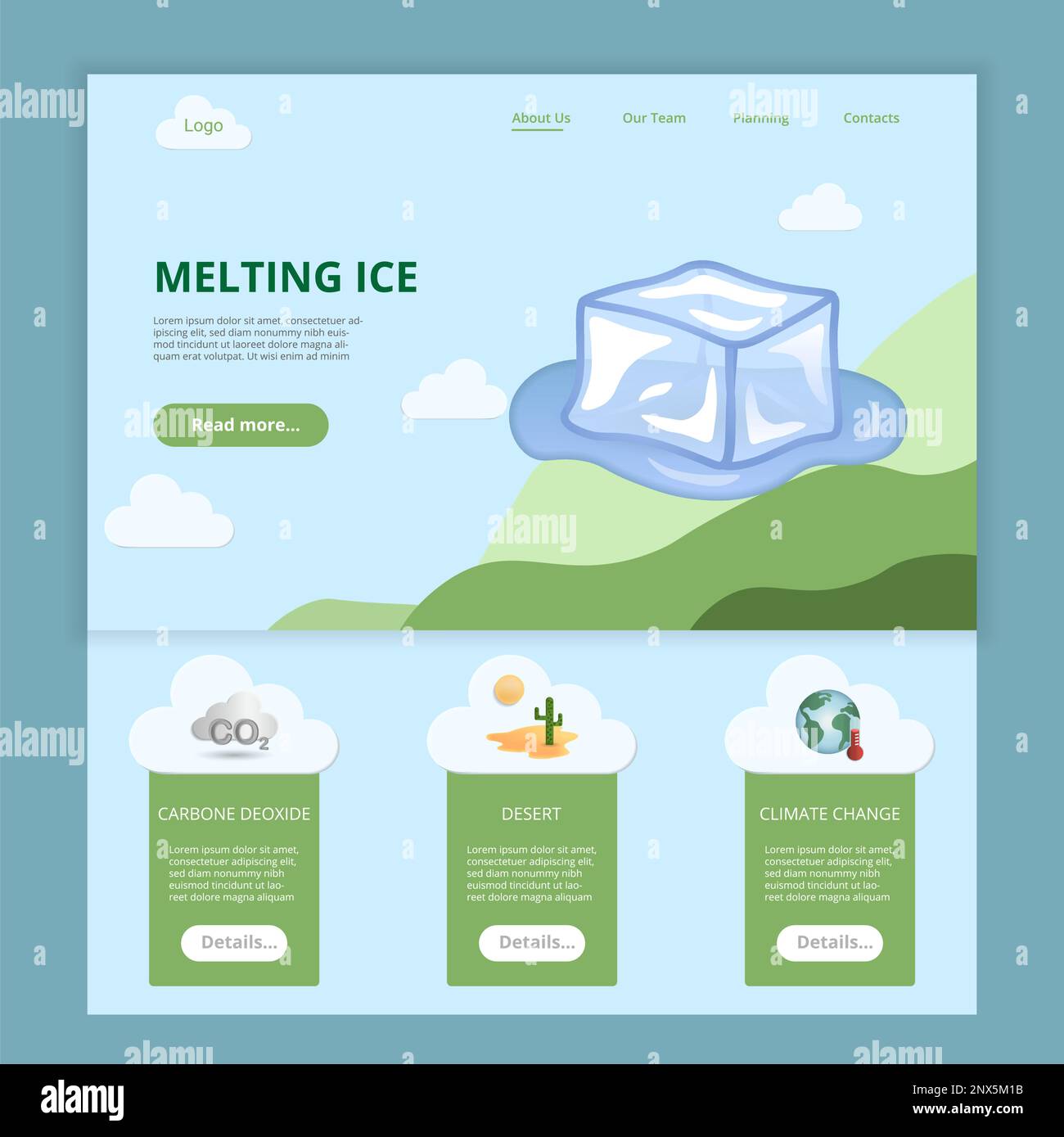 Melting ice flat landing page website template. Carbone dioxide, desert, climate change. Web banner with header, content and footer. Vector Stock Vector