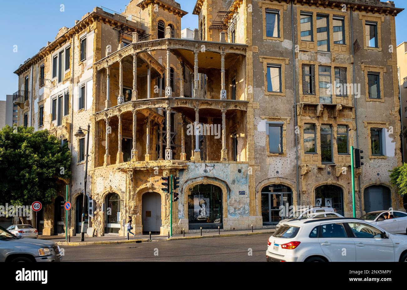 The Yellow House, also called Barakat building or Beit Beirut, Cultural Center dedicated to the historical memory of the Civil War, Beirut. Lebanon. Stock Photo