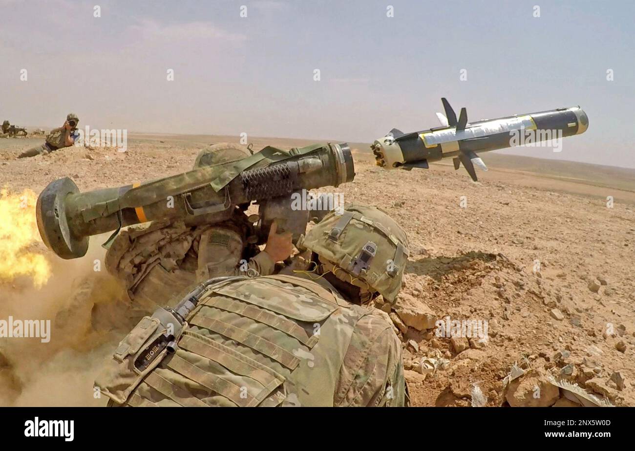AMERICAN JAVELIN MISSILE FGM148 being fired by US infantry during a