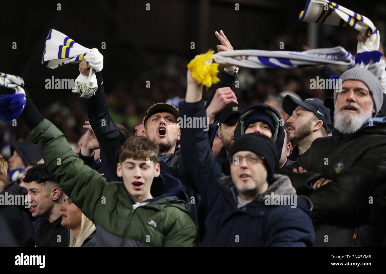 London, England, 28th February 2023. Leeds United fans during the The FA Cup match at Craven Cottage, London. Picture credit should read: Paul Terry / Sportimage Stock Photo