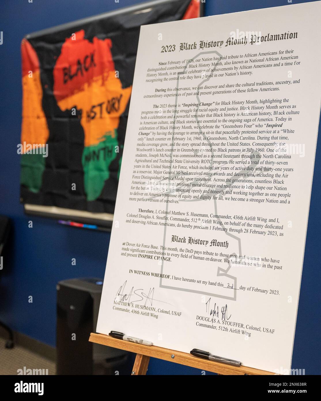 The 2023 Black History Month Proclamation sits on a stand at Dover Air ...