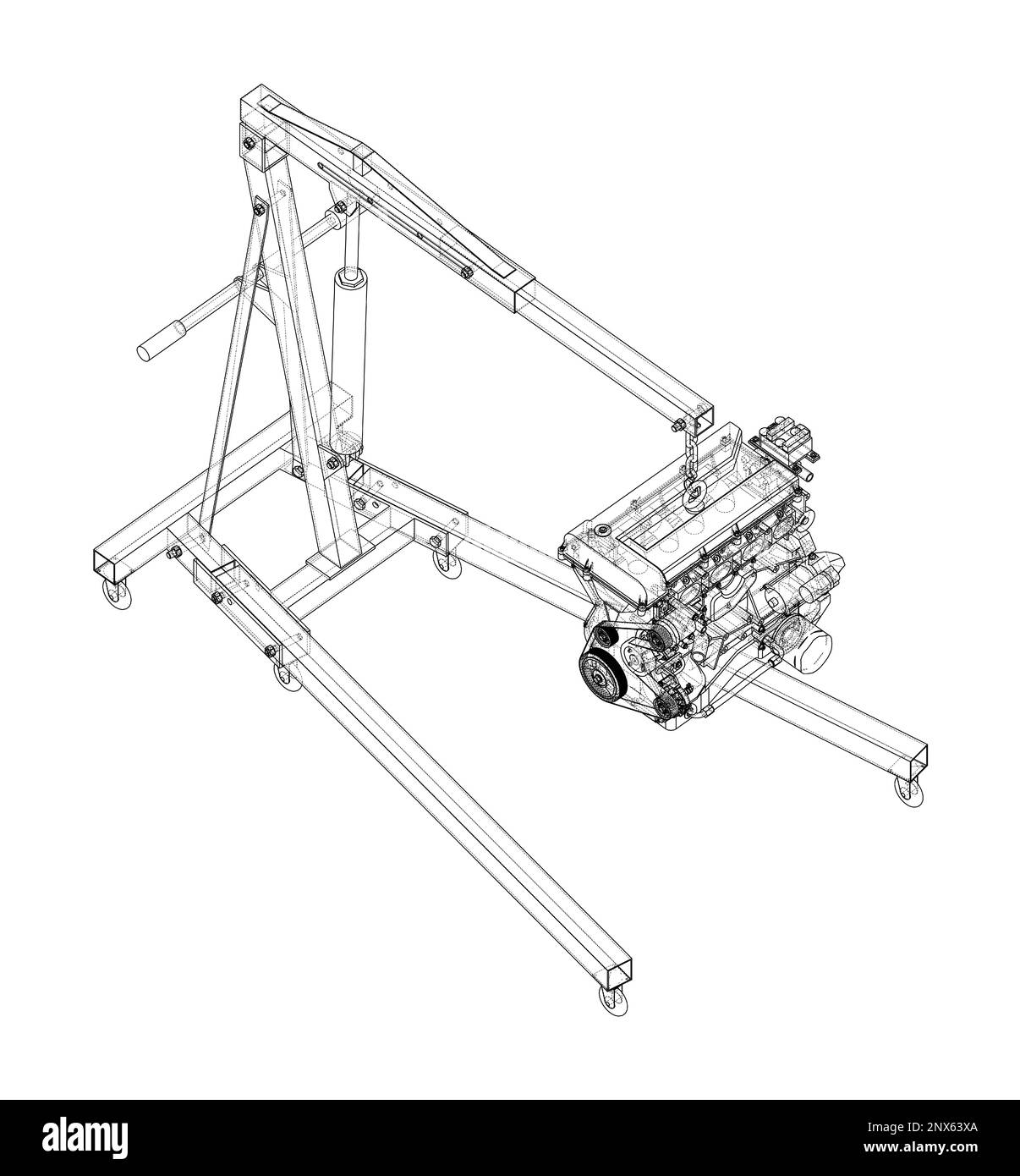 Engine hoist with engine Stock Photo Alamy