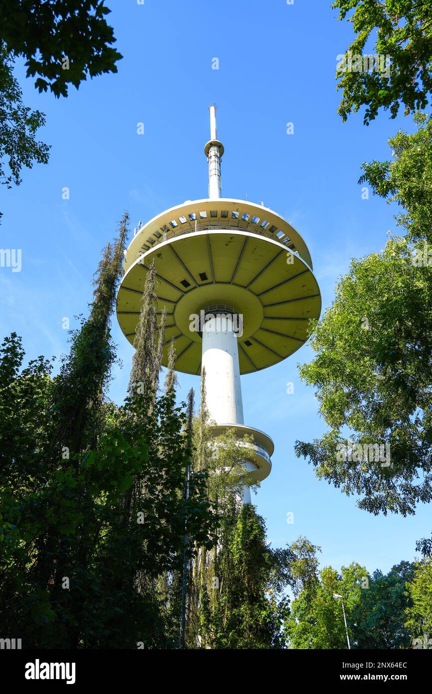 TV tower in Porta Westfalica. Telecommunications tower on the Jakobsberg with viewing platform. Stock Photo