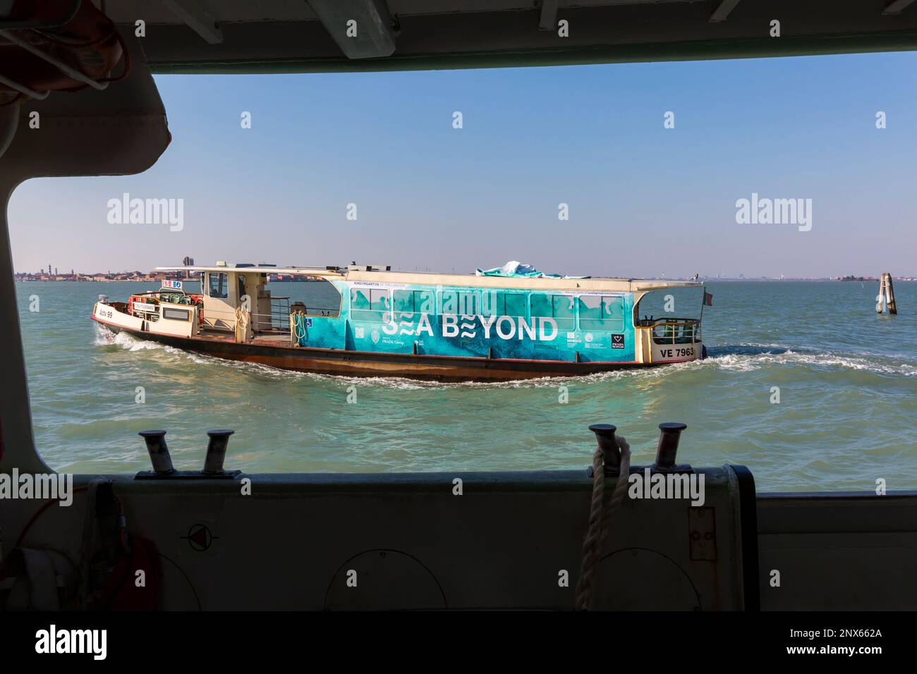 Sea Beyond water bus at Murano, Venice, Italy in February Stock Photo
