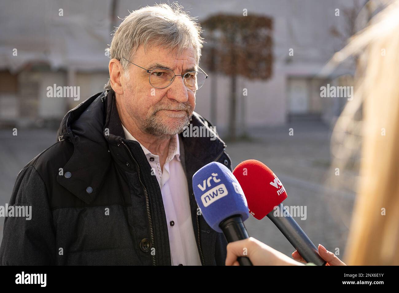 N-VA's group chairman Wilfried Vandaele talks to the press outside a meeting of the Flemish Government to discuss new rules to reduce nitrogen emissions, at the residence of the Flemish Minister-President in Brussels on Wednesday 01 March 2023. BELGA PHOTO JAMES ARTHUR GEKIERE Stock Photo