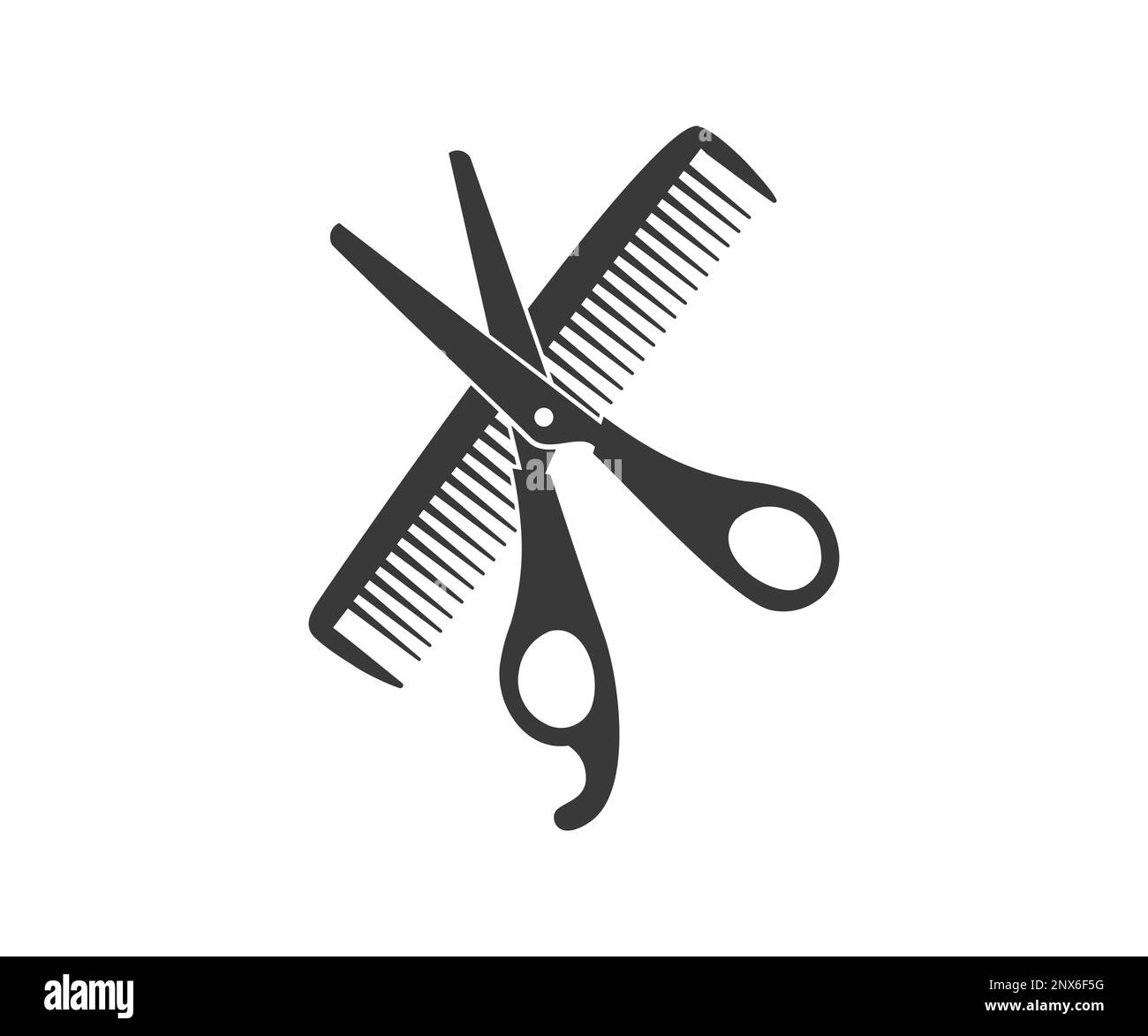 Scissors and comb black silhouette, barber, simple hair dresser icon, barbershop logo design. Sign crossed scissors and hair brush. Barbershop. Stock Vector