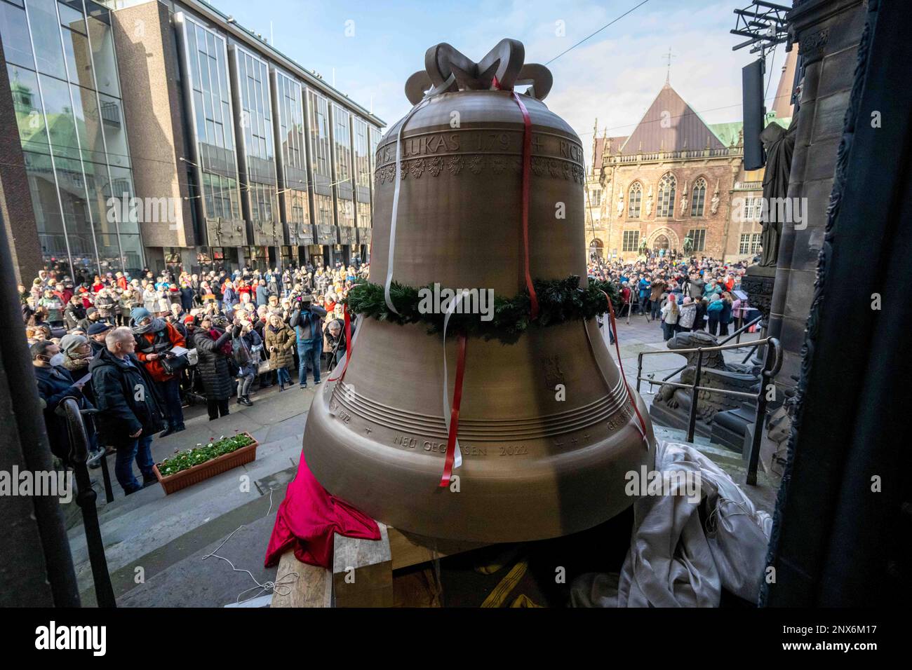 Bremen, Germany. 01st Mar, 2023. The new bell 'Brema' stands at the cathedral portal. Bremen's St. Petri Cathedral is getting three new bells: the Peace Bell, the Justice Bell and the Creation Bell. Credit: Sina Schuldt/dpa/Alamy Live News Stock Photo