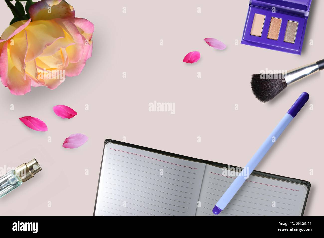 Makeup Theme Notepad Feminine workspace: blank open notepad, pen, cosmetic accessories. Pink ...