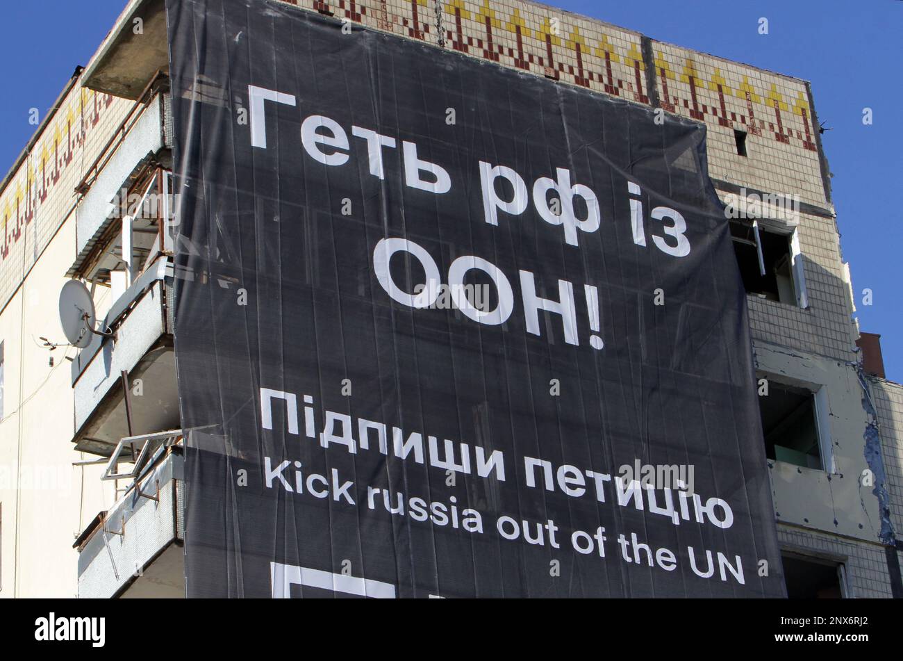 DNIPRO, UKRAINE MARCH 1, 2023 A banner urging to exclude Russia