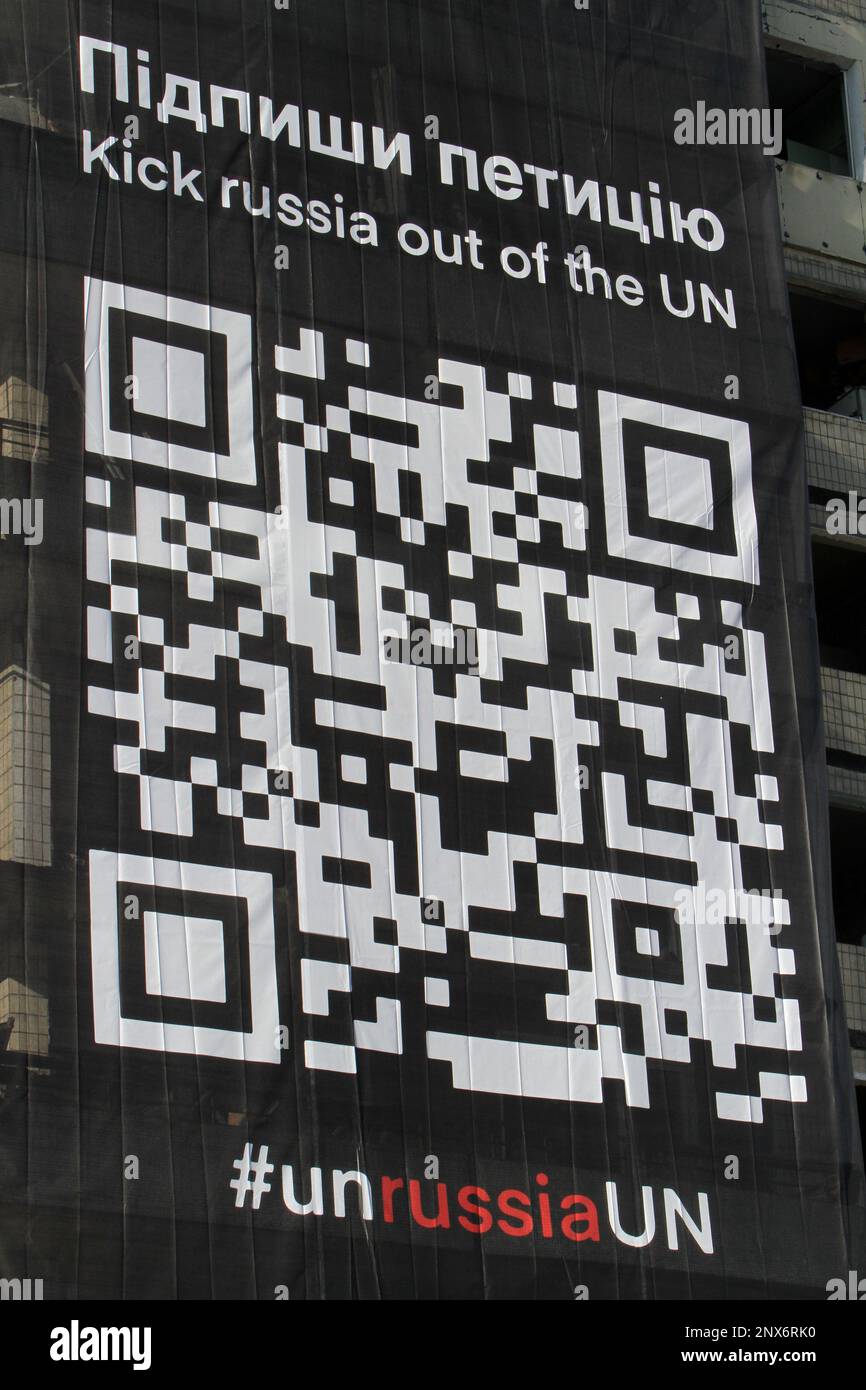 DNIPRO, UKRAINE MARCH 1, 2023 A banner urging to exclude Russia