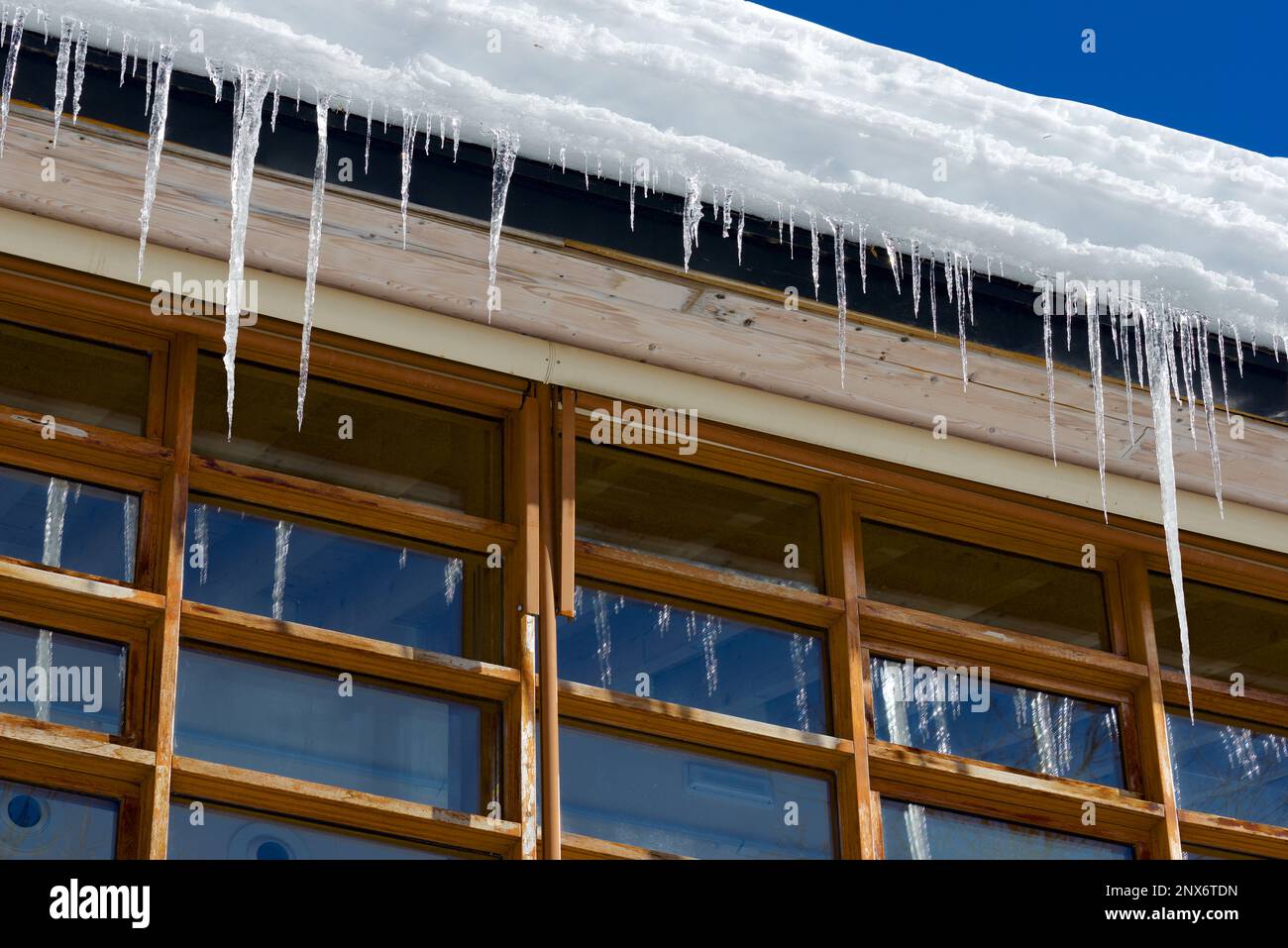 Ice icicles in a building at the Panticosa Spa in the Spanish Pyrenees