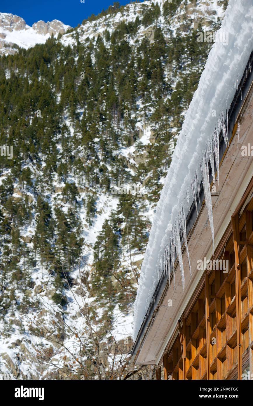 Ice icicles in a building at the Panticosa Spa in the Spanish Pyrenees